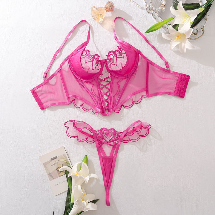 Heart Embroidery Mesh Lingerie Set