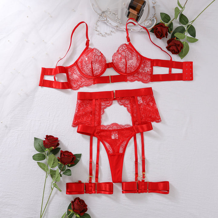 Lace Embroidered Sheer Lingerie Set – 4-Piece Underwire Shaping Set