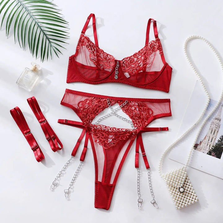 Glam Chain Embroidery Lingerie Set – 4-Piece Luxury Seductive Collection