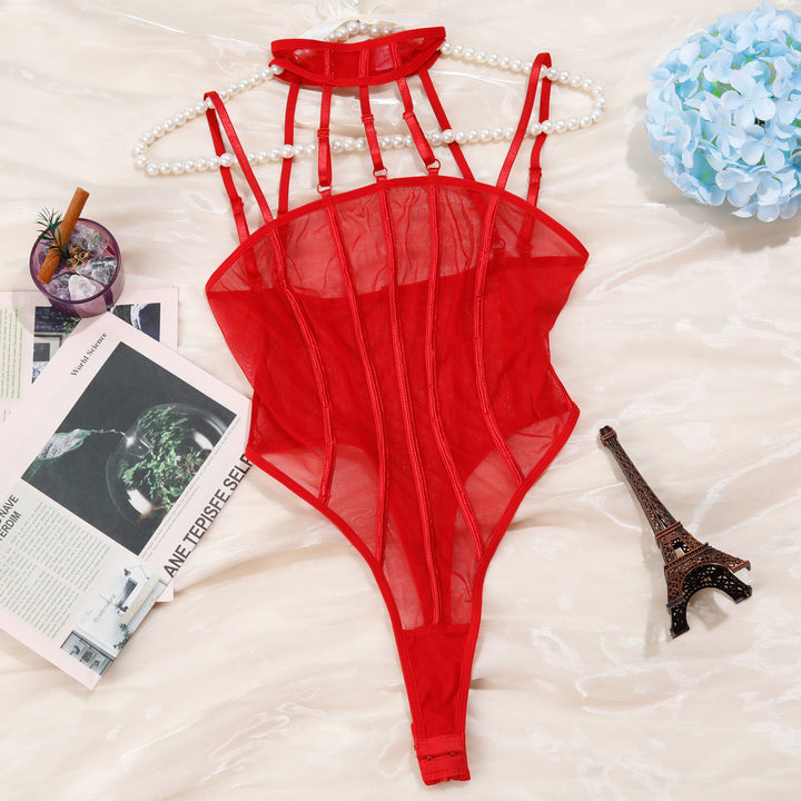 Sheer Mesh Underwire Bodysuit with Choker Neck