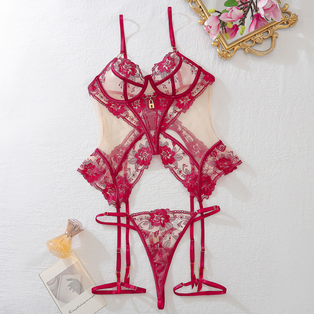 Luxury Sheer Lace Cut-Out Lingerie Set with Underwire Bra & Adjustable Straps – 4-Piece Seductive Ensemble