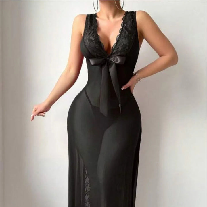 Sheer Lace Bow Tie Mesh Maxi Lingerie Dress