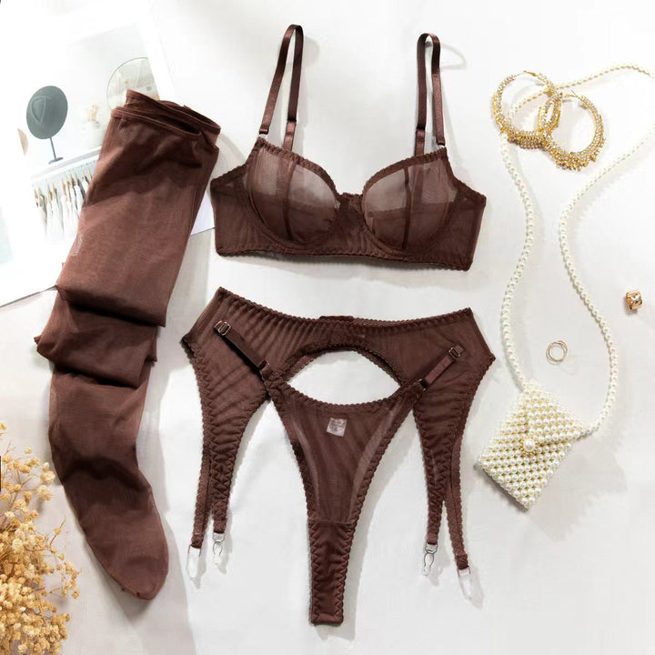 Sheer Mesh Lingerie Set – Underwire Bra, High-Waist Garter & Stockings 4PCS