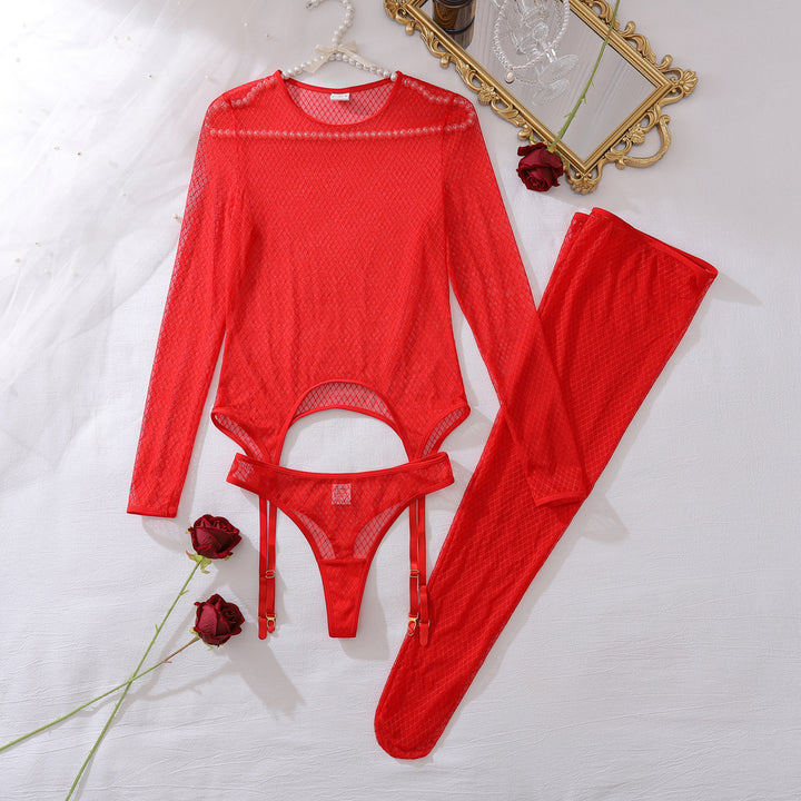 Sheer Fishnet Cut-Out Bodysuit Lingerie with Garter Straps
