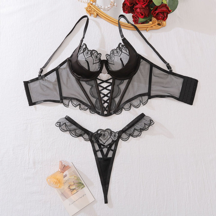 Heart Embroidery Mesh Lingerie Set