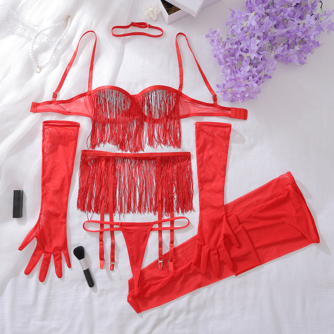Sheer Mesh Tassel Lingerie Set – Backless Hollow Out Shapewear 6-Piece Set