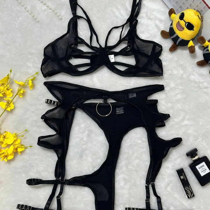 Sexy Cut-Out Mesh Lingerie Set Underwire Push-Up Sculpting Intimate Set