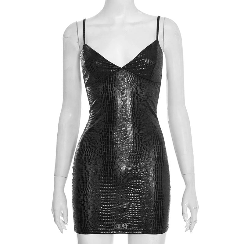 Black Croc-Texture Bodycon Mini Dress – Sleek Spaghetti Strap Stretch Clubwear Nightdress