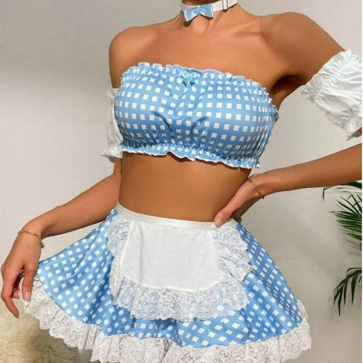 Plaid Lace Maid Lingerie Set for Women – Sexy Cosplay Roleplay Costume with Ruffles