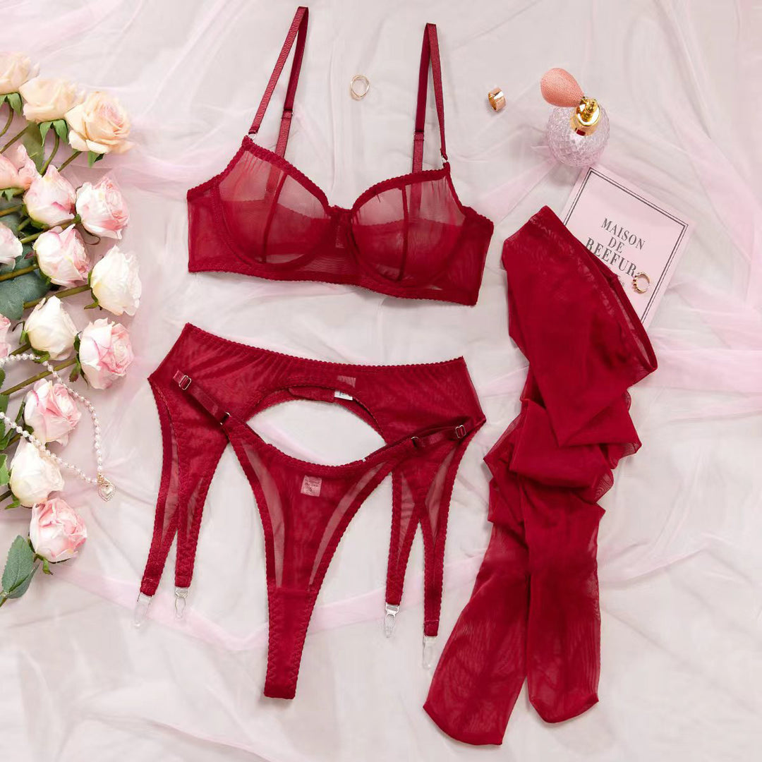 Sheer Mesh Lingerie Set – Underwire Bra, High-Waist Garter & Stockings 4PCS
