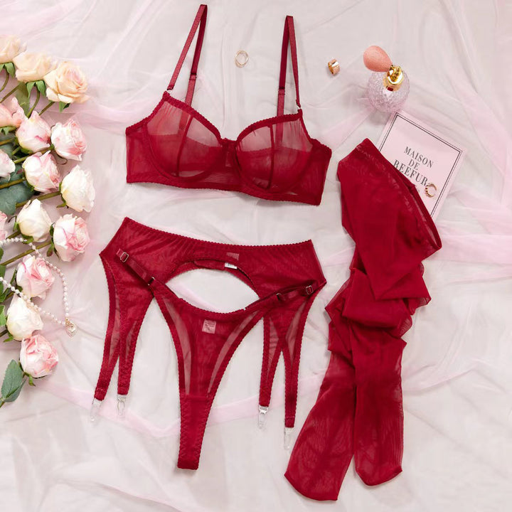 Sheer Mesh Lingerie Set – Underwire Bra, High-Waist Garter & Stockings 4PCS