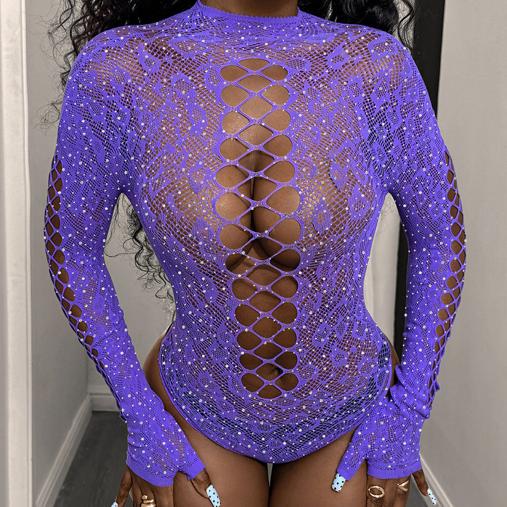 Rhinestone Sheer Lace Cut-Out Bodysuit – Long Sleeve Sexy Lingerie