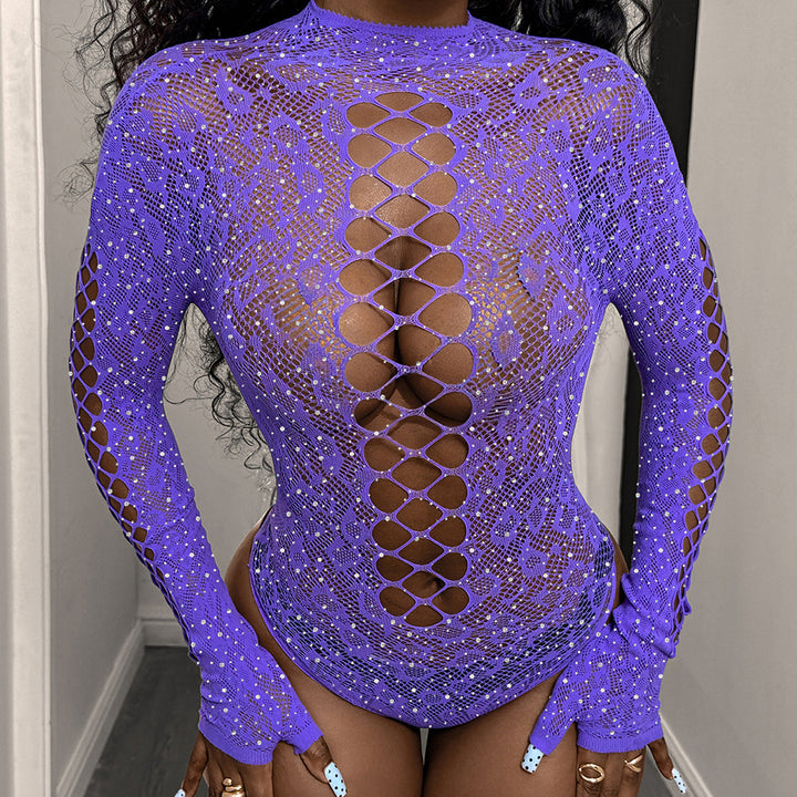 Rhinestone Sheer Lace Cut-Out Bodysuit – Long Sleeve Sexy Lingerie