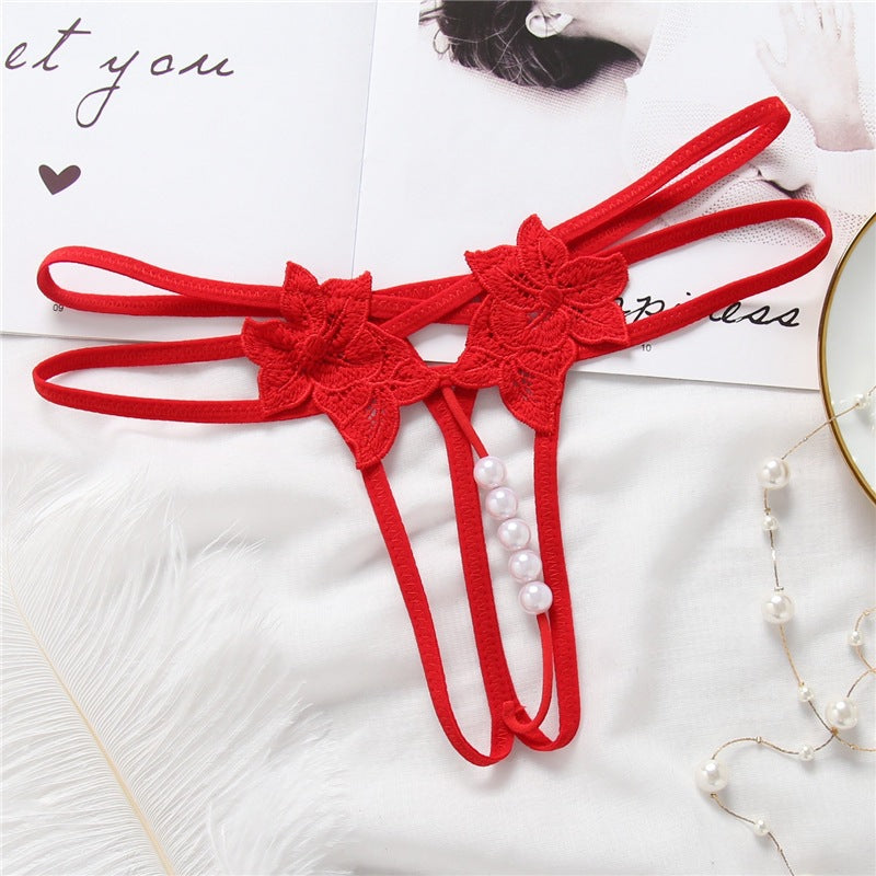 Women's Embroidered Floral Lace Pearl Detail Thong – Sheer Hollow-Out Low Rise Lingerie