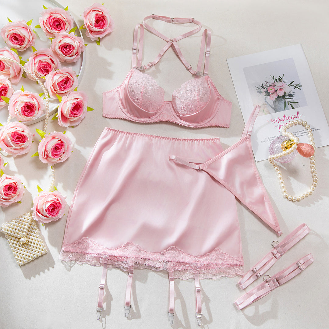 Lace Underwire Lingerie Set with Harness Strap & Choker Detail