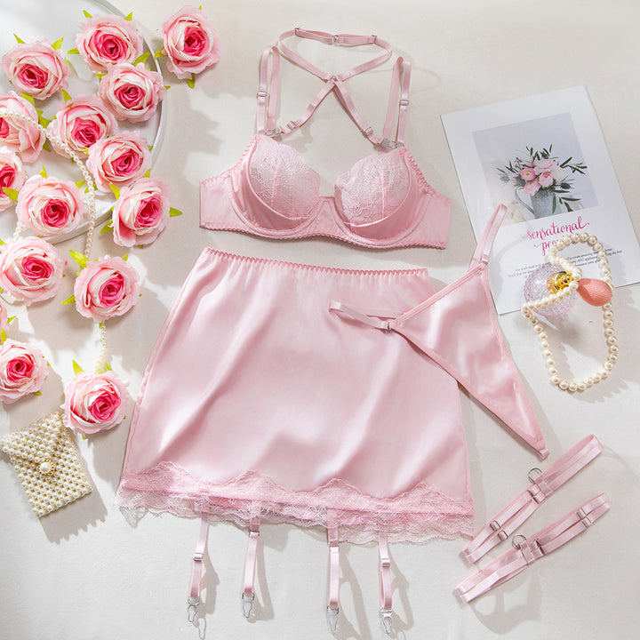Lace Underwire Lingerie Set with Harness Strap & Choker Detail