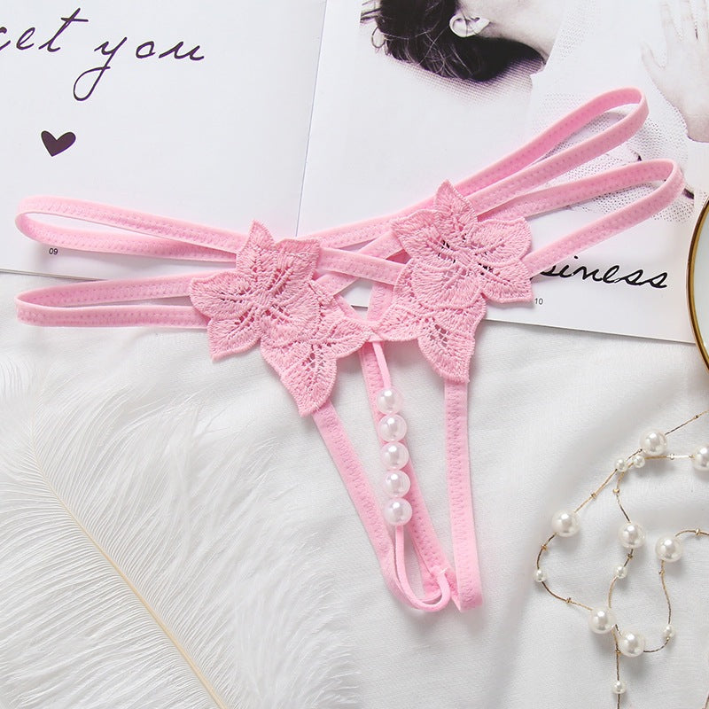 Women's Embroidered Floral Lace Pearl Detail Thong – Sheer Hollow-Out Low Rise Lingerie