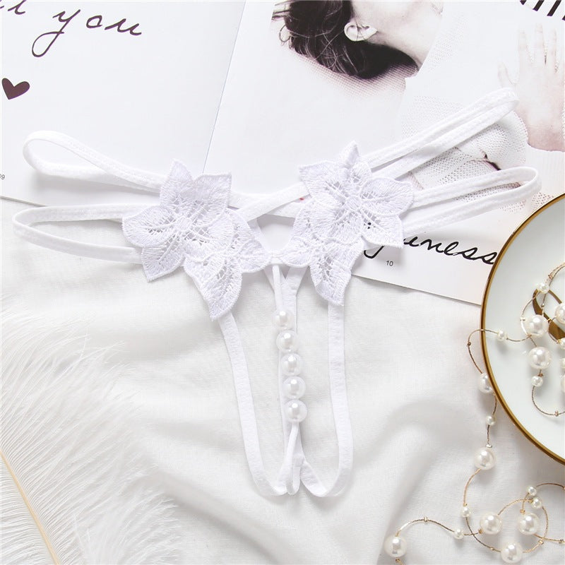 Women's Embroidered Floral Lace Pearl Detail Thong – Sheer Hollow-Out Low Rise Lingerie