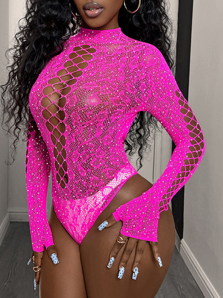 Rhinestone Sheer Lace Cut-Out Bodysuit – Long Sleeve Sexy Lingerie