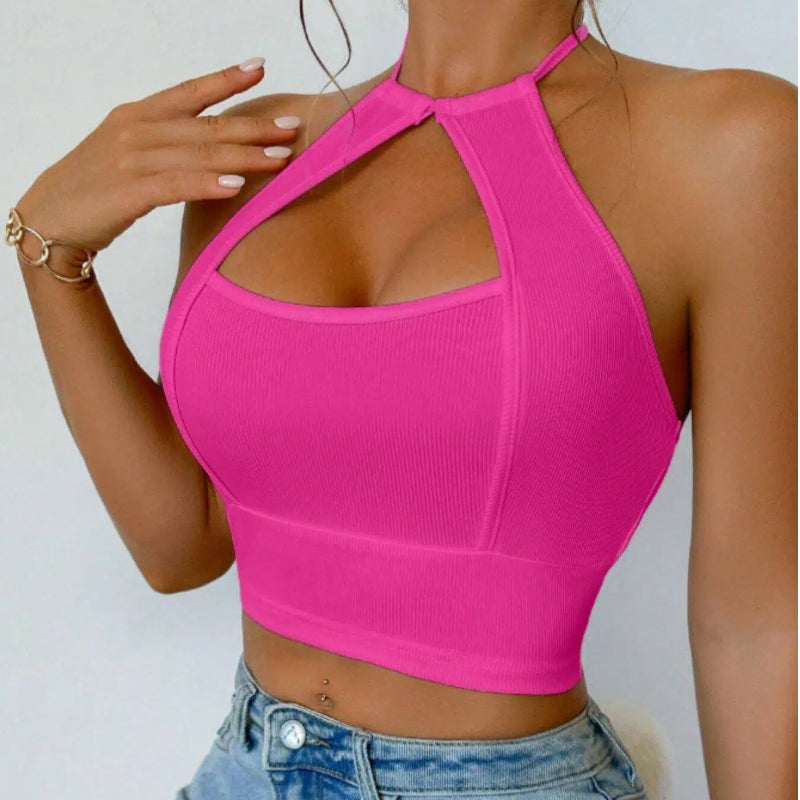 Sexy Cut-Out Halter Crop Top – Sleeveless Bodycon Clubwear Tank