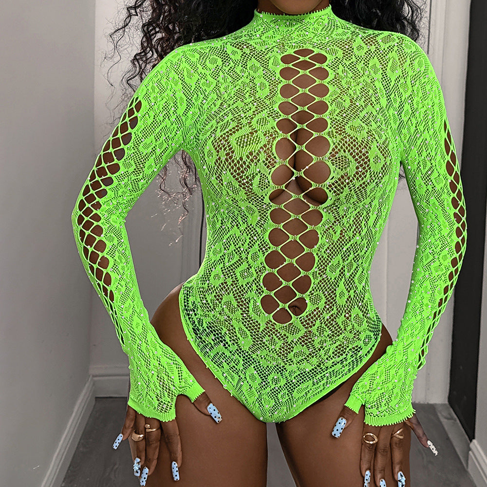Rhinestone Sheer Lace Cut-Out Bodysuit – Long Sleeve Sexy Lingerie