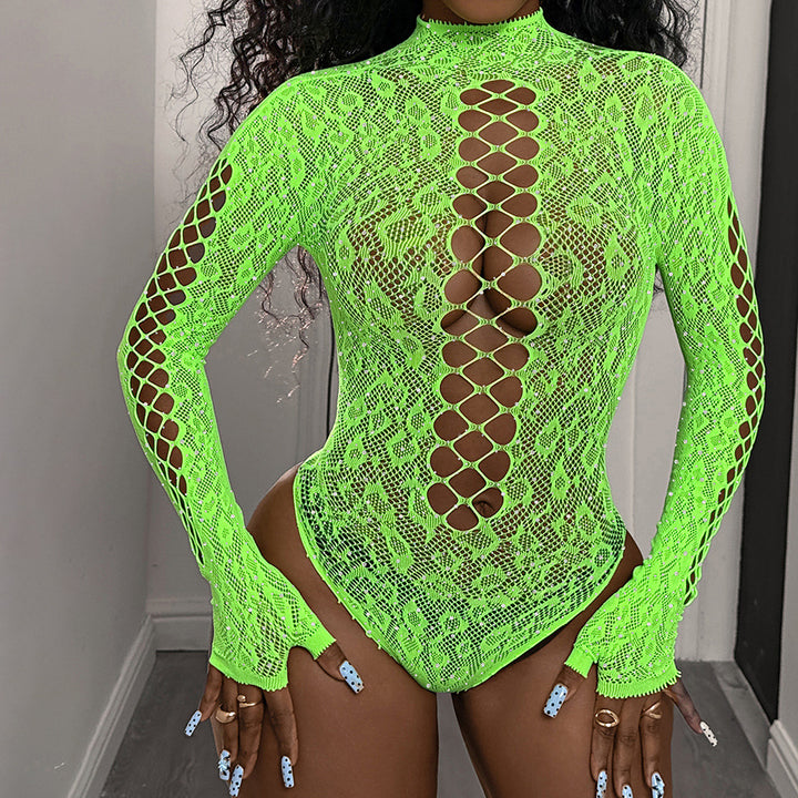 Rhinestone Sheer Lace Cut-Out Bodysuit – Long Sleeve Sexy Lingerie