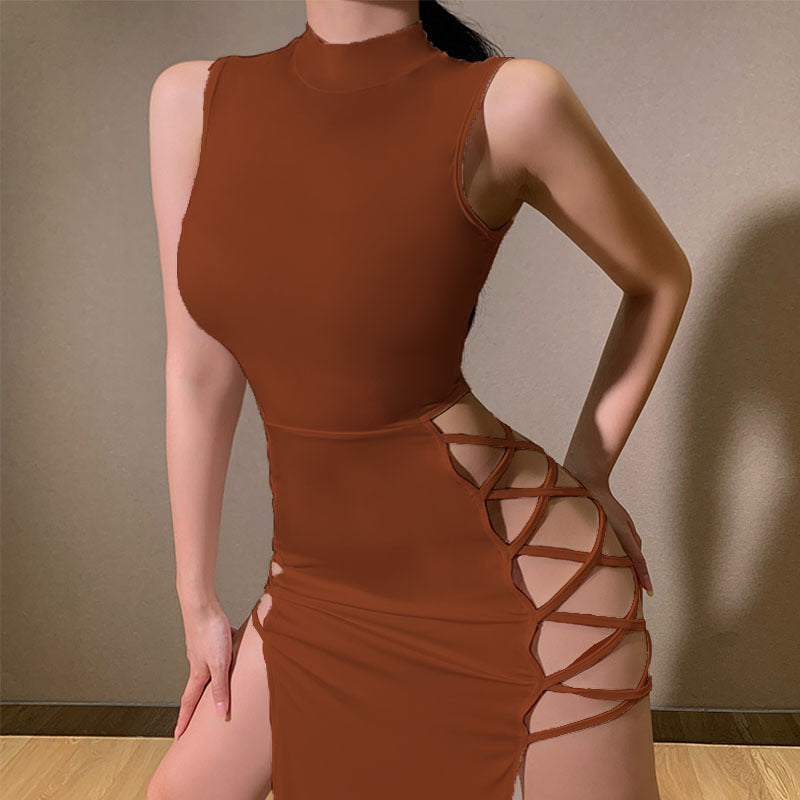 Sexy Black Cut-Out Side Lace-Up Long Dress for Women