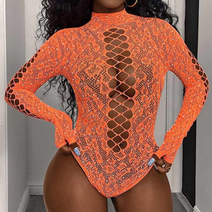 Rhinestone Sheer Lace Cut-Out Bodysuit – Long Sleeve Sexy Lingerie
