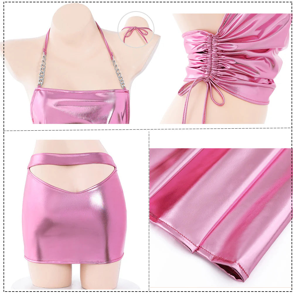 Metallic Pink Halter Mini Set – Shiny Two-Piece Lingerie Outfit for Women