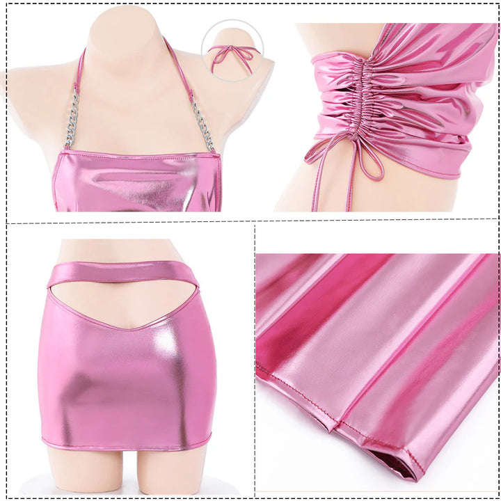 Metallic Pink Halter Mini Set – Shiny Two-Piece Lingerie Outfit for Women